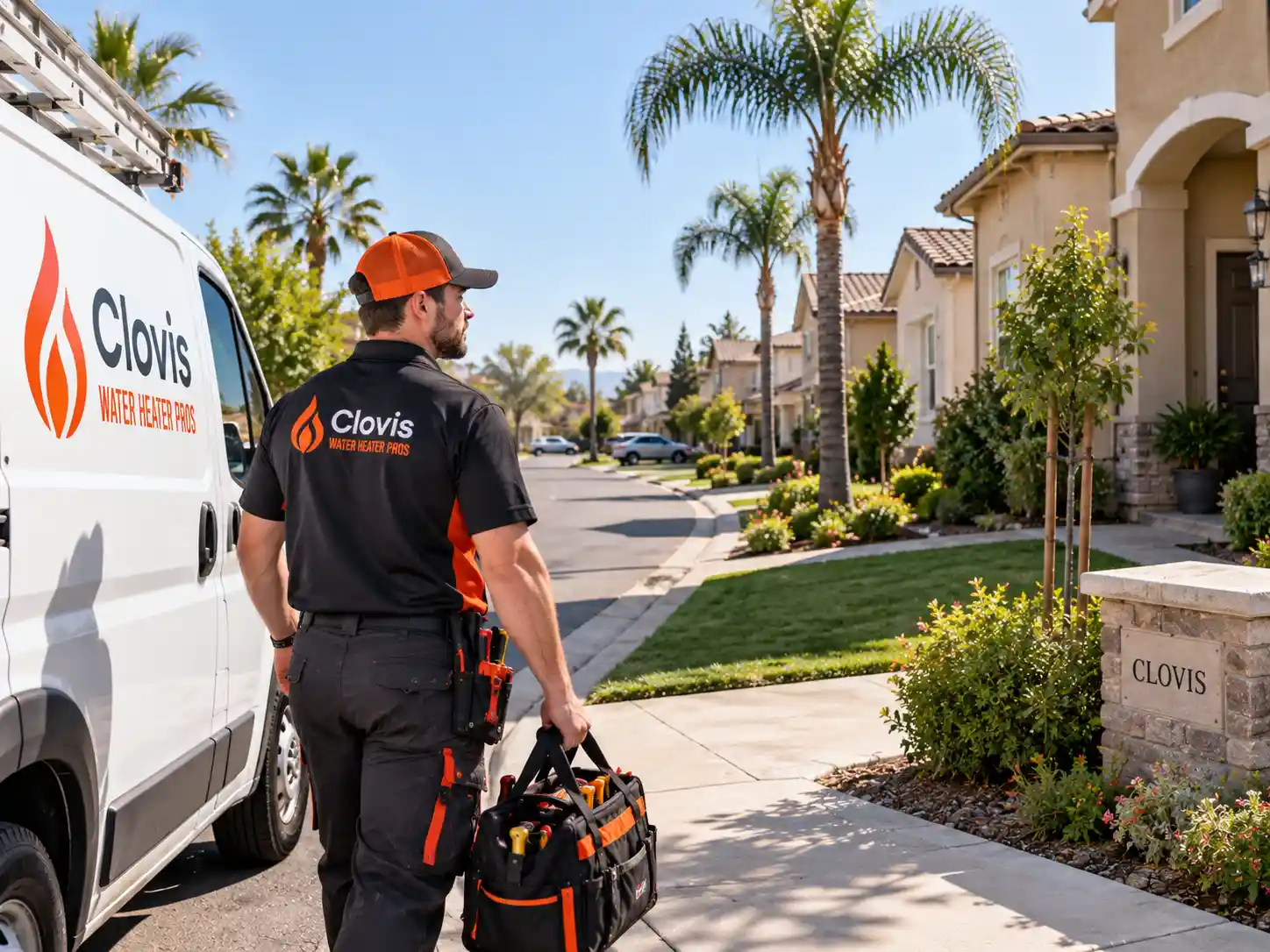 Clovis California suburban neighborhood with palm trees and residential homes representing the Central Valley water heater service area.