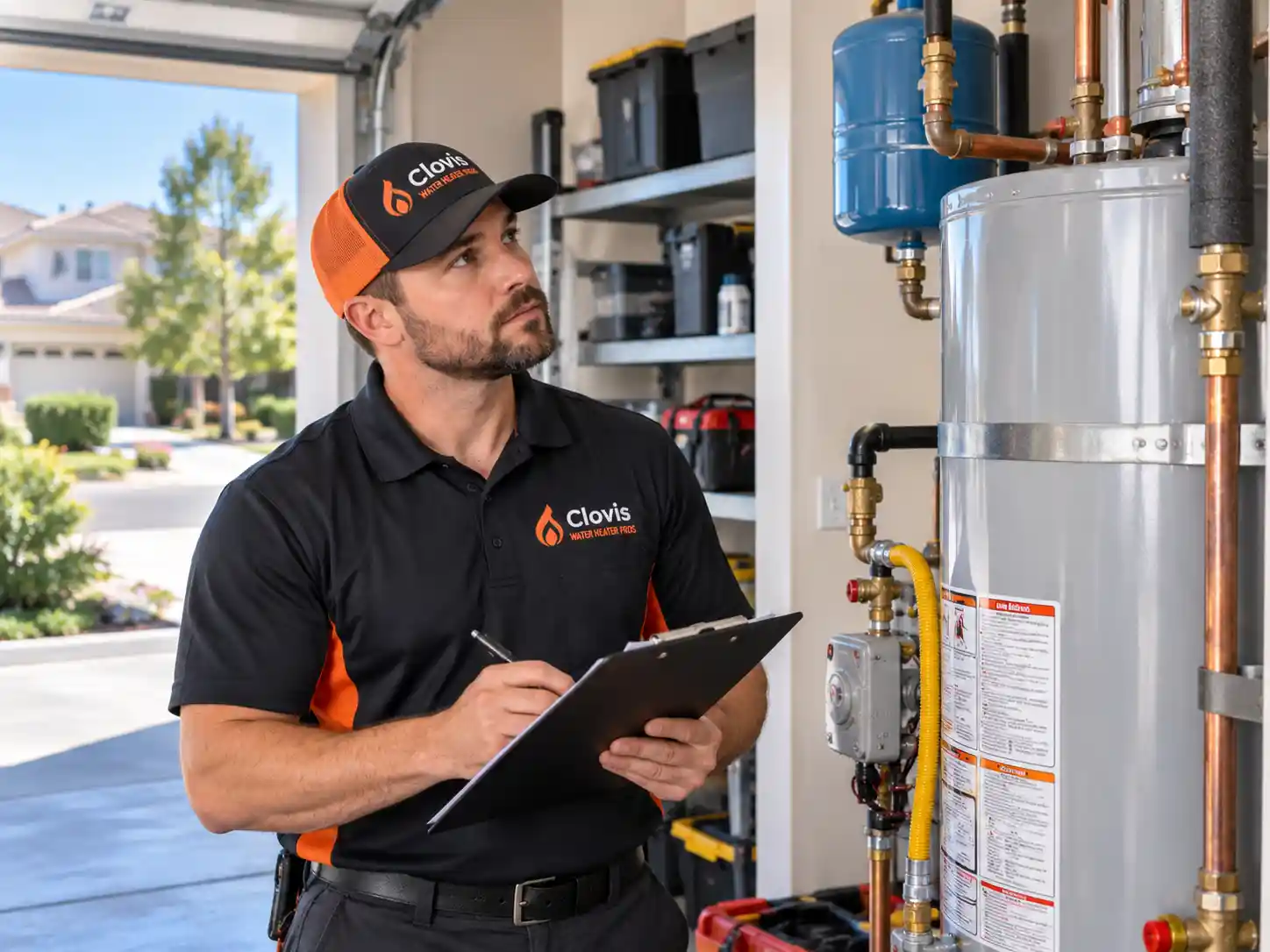Clovis Water Heater Pros technician servicing a residential water heater with copper piping inside a Clovis California home.