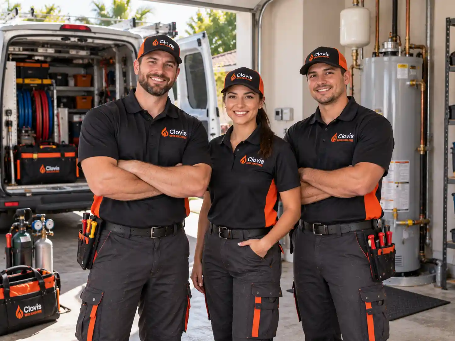 Clovis Water Heater Pros service team with two male technicians and one female technician standing beside professional plumbing equipment and a branded service van.