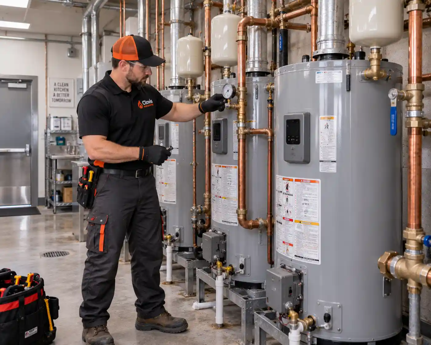 Technician servicing multiple commercial water heaters with industrial piping, gauges, and expansion tanks inside a mechanical room in Clovis California.