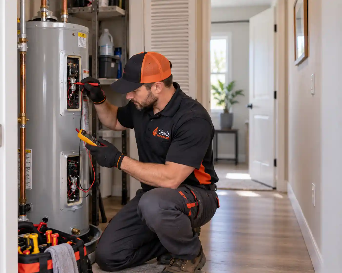 Clovis Water Heater Pros technician replacing an electric water heater thermostat through the open access panel using a multimeter and insulated tools.