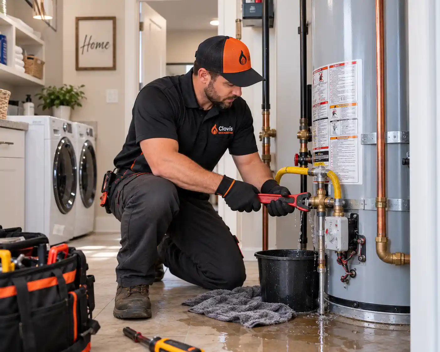 Clovis Water Heater Pros technician repairing a leaking residential tank water heater in a laundry room with a bucket and towel during an emergency service call.