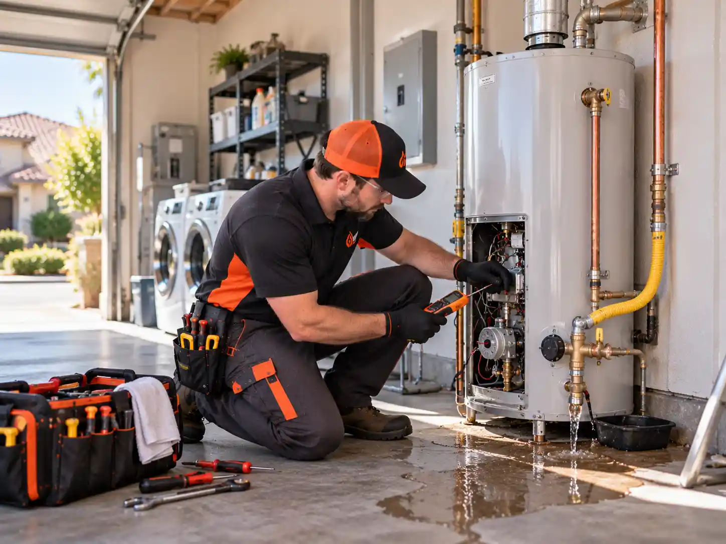 Technician performing emergency water heater repair in Clovis, California
