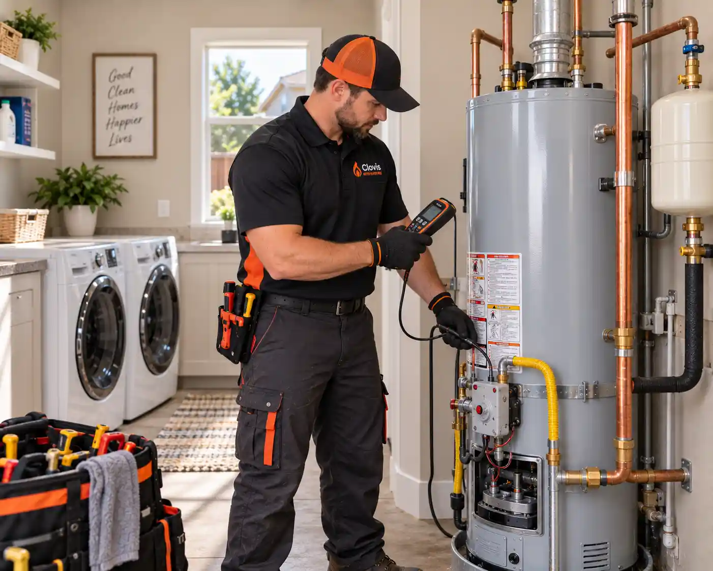 Technician performing gas water heater service by inspecting the burner compartment, vent pipe, and gas control valve inside a Clovis laundry room.