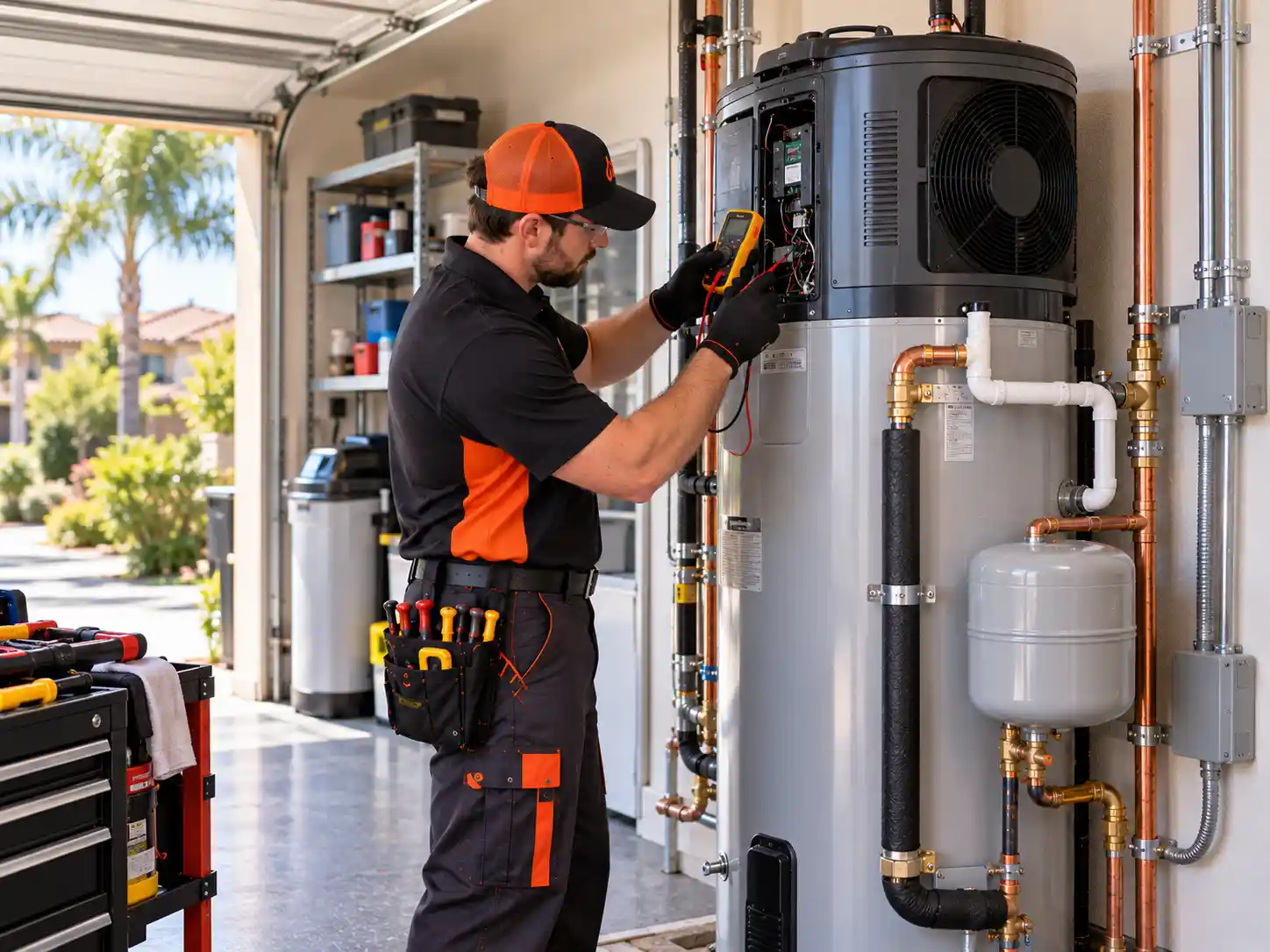 Technician repairing a heat pump hybrid water heater in Clovis, California