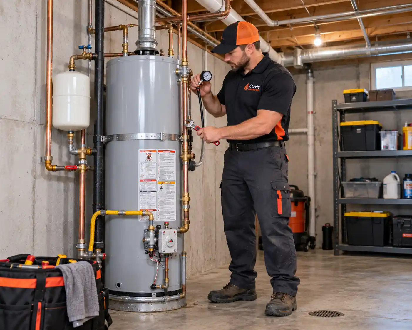 Technician inspecting the gas control valve and copper water connections on a traditional tank water heater inside a basement-style utility room in Clovis.