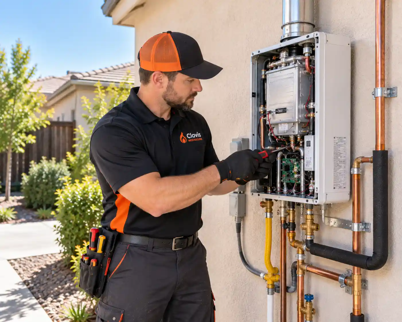 Clovis Water Heater Pros technician servicing a wall-mounted tankless water heater with the front panel open on the exterior of a California home.