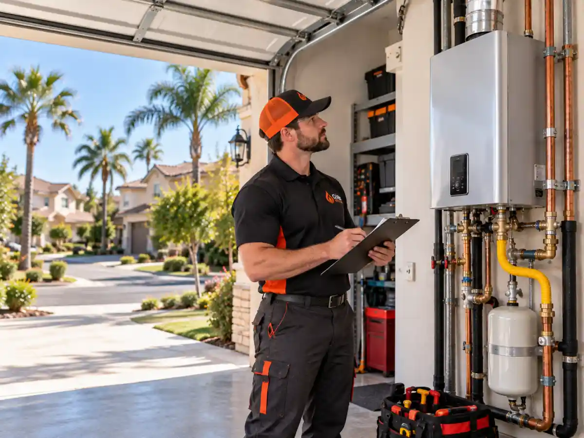 Technician inspecting a wall-mounted tankless water heater during a Clovis home installation consultation