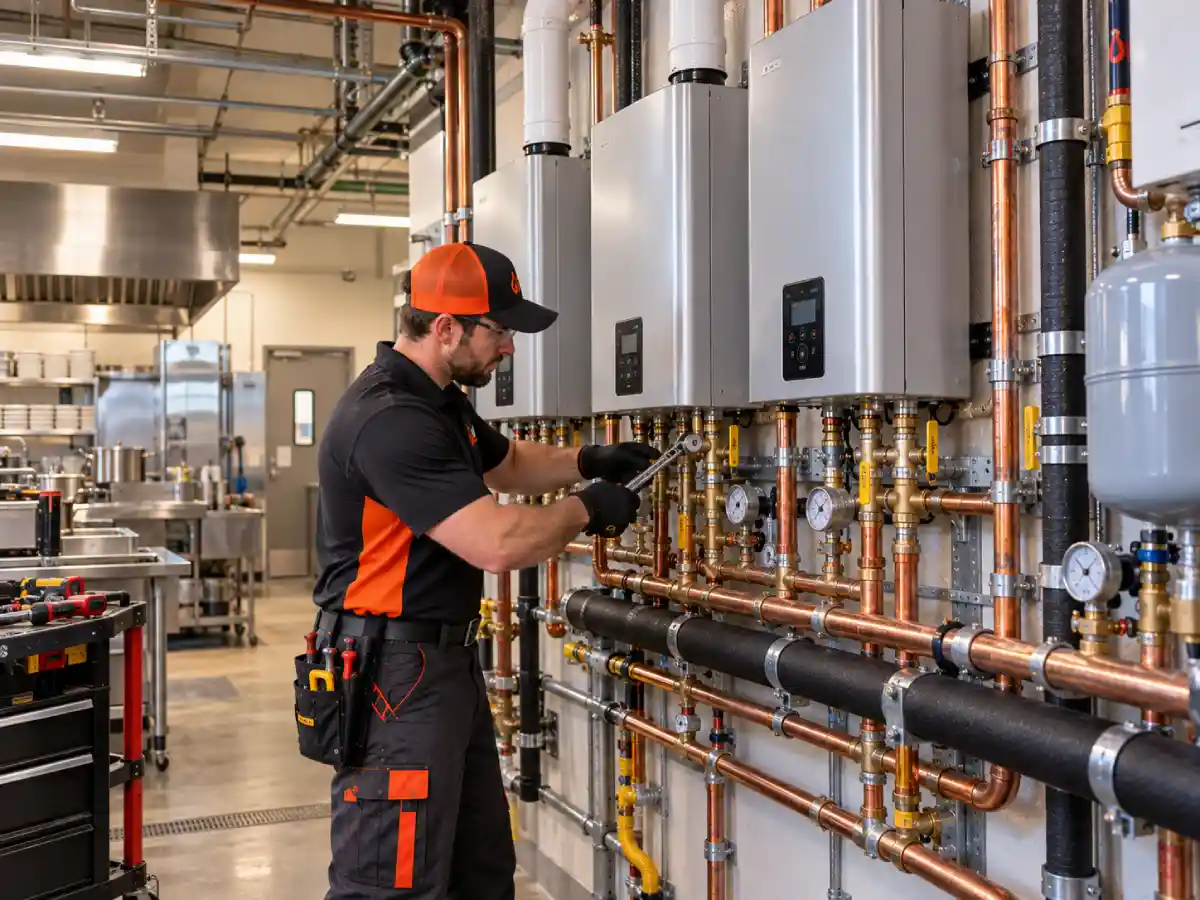Clovis Water Heater Pros technician installing multiple commercial tankless water heaters inside a commercial mechanical room in Clovis, California.