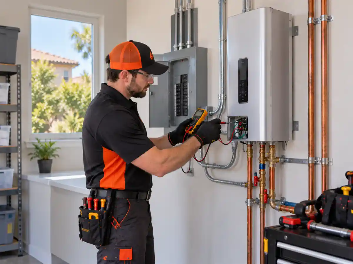 Technician installing an electric tankless water heater with dedicated electrical connections inside a Clovis, California home.