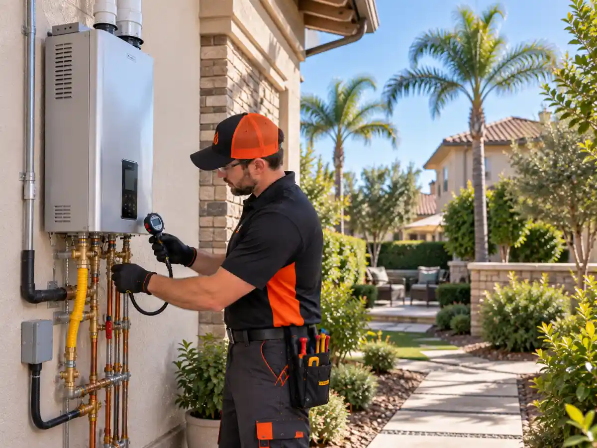 Technician installing a gas tankless water heater with venting and gas line connections at a Clovis, California home.