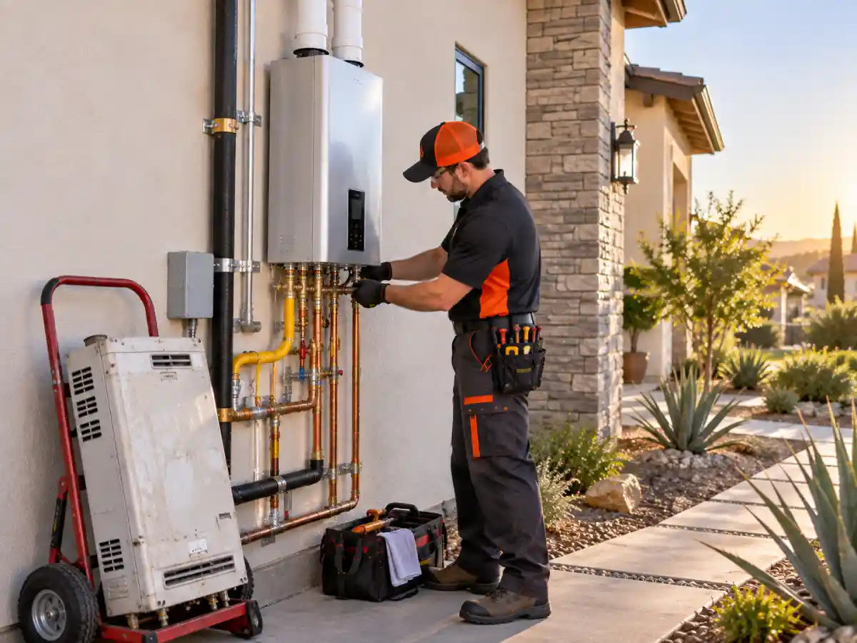Clovis Water Heater Pros technician replacing an old tankless water heater with a new wall-mounted system at a Clovis, California home.