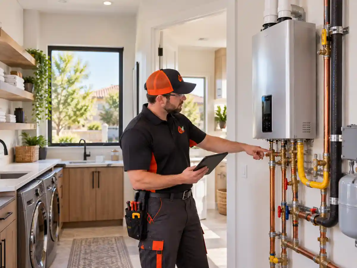 Clovis Water Heater Pros technician sizing a tankless water heater for a home's hot water demand during a Clovis, California consultation.