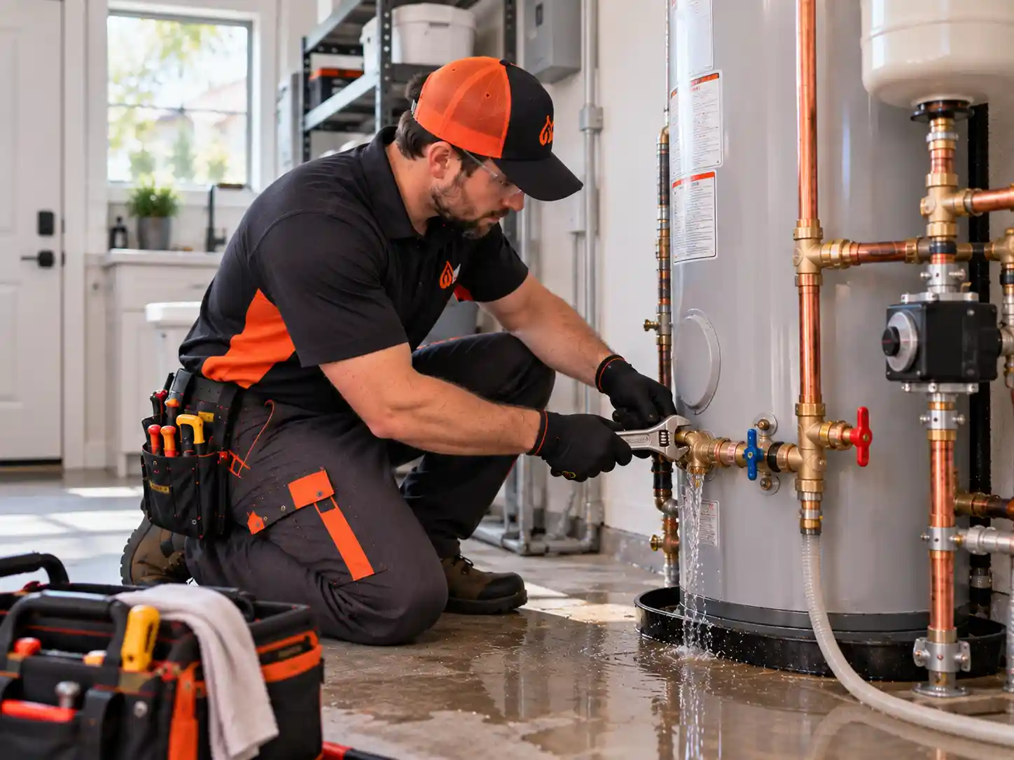 Technician repairing a leaking water heater in Clovis, California