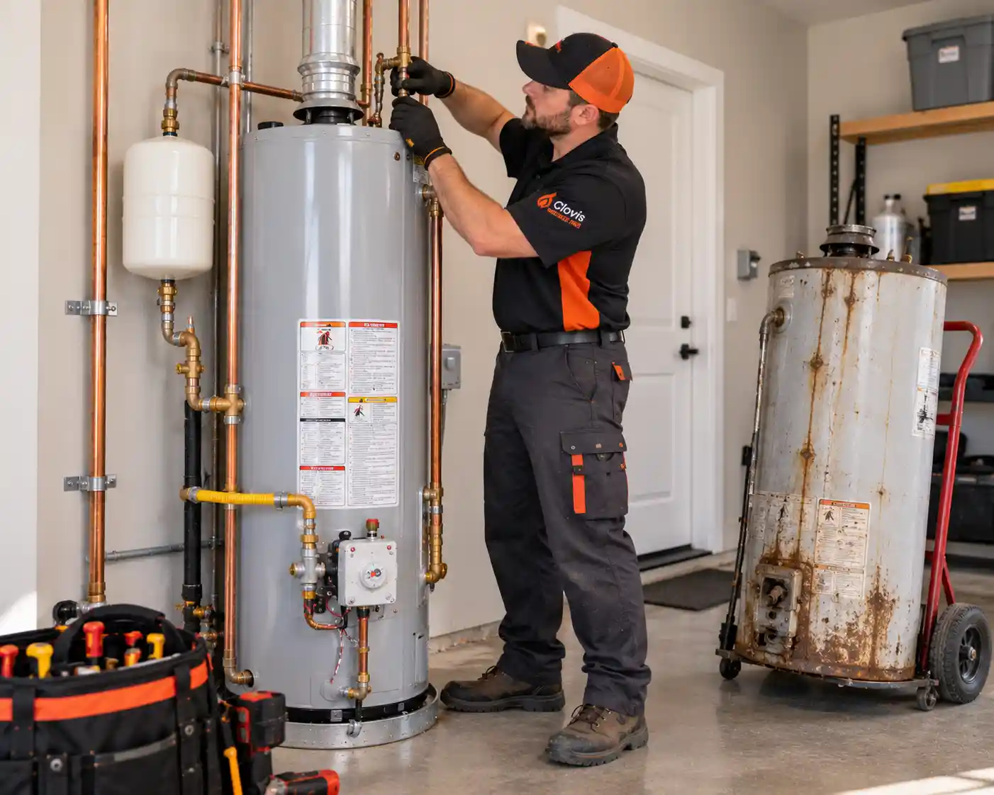 Clovis Water Heater Pros technician installing a new gas tank water heater while an old disconnected water heater sits on a hand truck nearby.